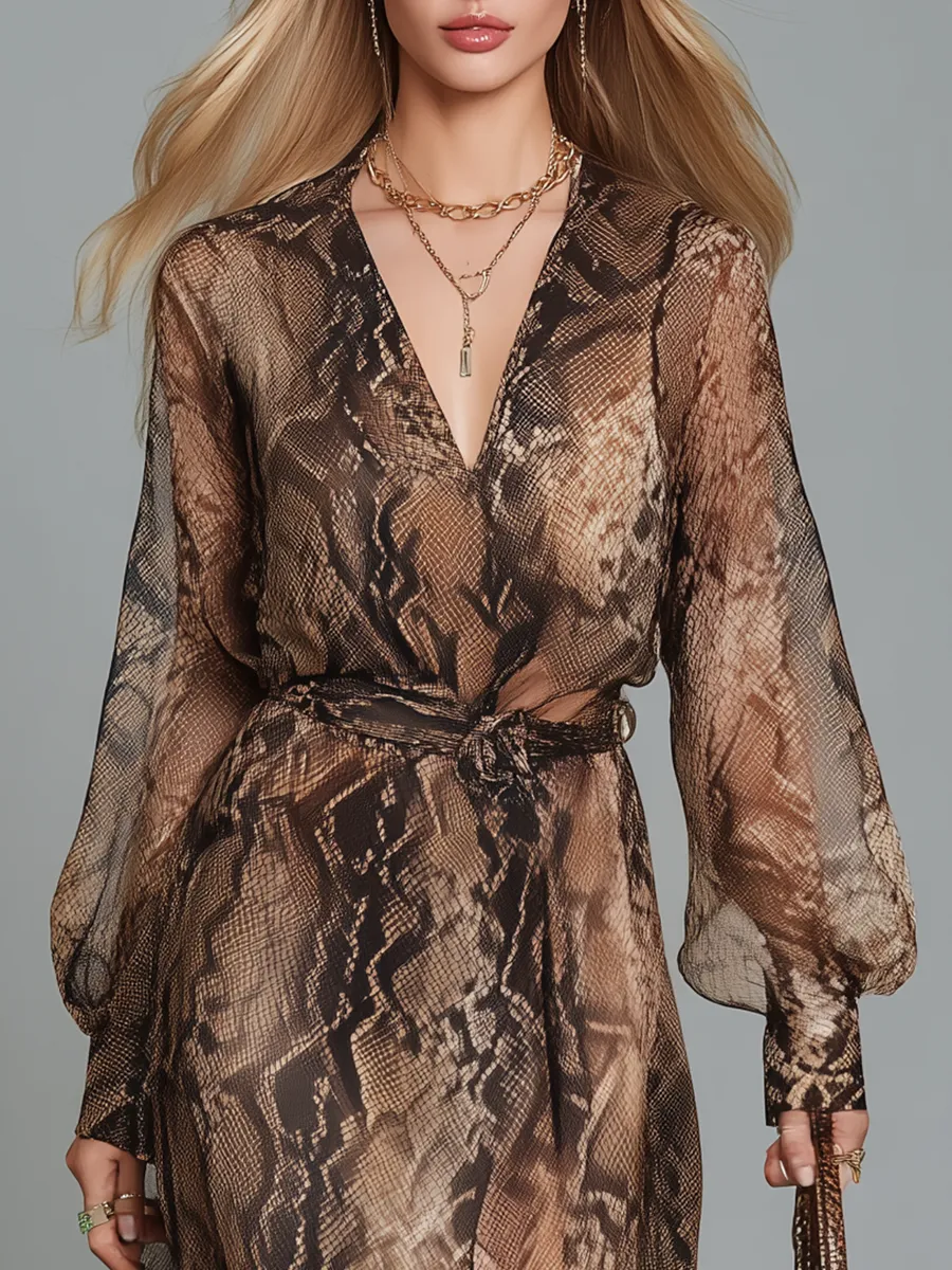 Fashionable Retro V-neck Long-sleeved Python Print Chiffon Maxi Dress sold by Oyrosy product image thumbnail 3
