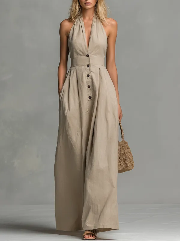 Casual And Comfortable Halter Neck V-neck Sleeveless Button-down Jumpsuit sold by Oyrosy