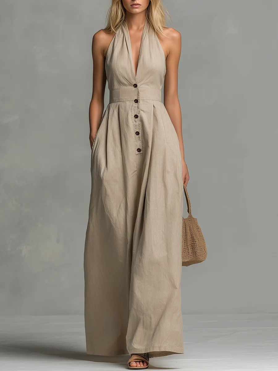 Casual And Comfortable Halter Neck V-neck Sleeveless Button-down Jumpsuit sold by Oyrosy
