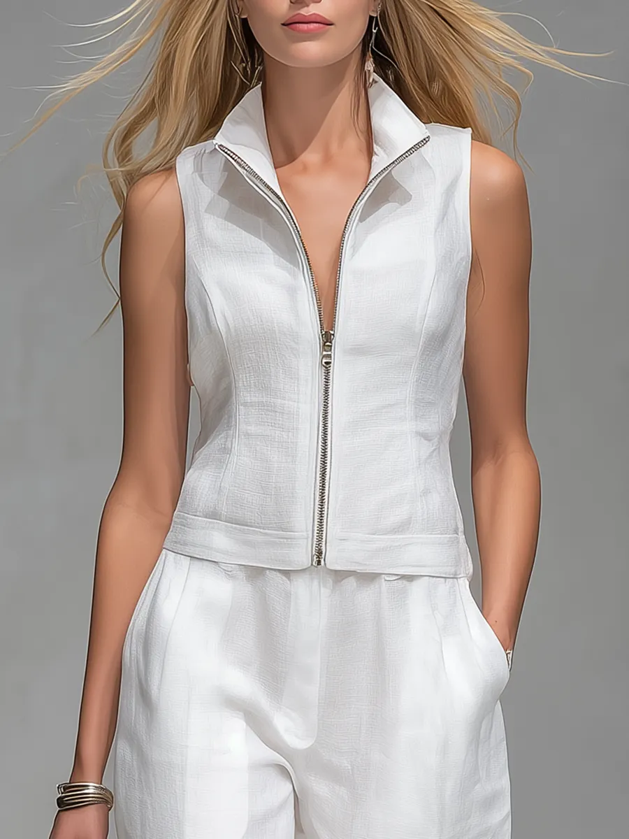 Elegant And Stylish Collared Sleeveless Top And Trousers Set sold by Oyrosy product image thumbnail 3