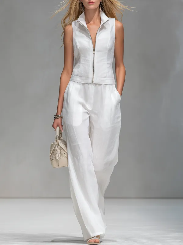 Elegant And Stylish Collared Sleeveless Top And Trousers Set sold by Oyrosy
