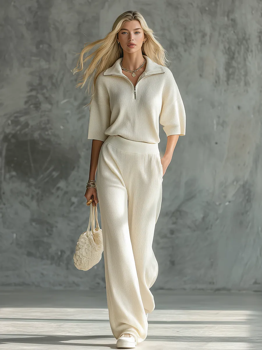 Lazy Style Retro Checkered Half-zip Knit Top And Wide-leg Knit Pants Set sold by Oyrosy product image thumbnail 2