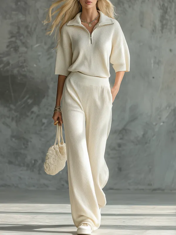 Lazy Style Retro Checkered Half-zip Knit Top And Wide-leg Knit Pants Set sold by Oyrosy