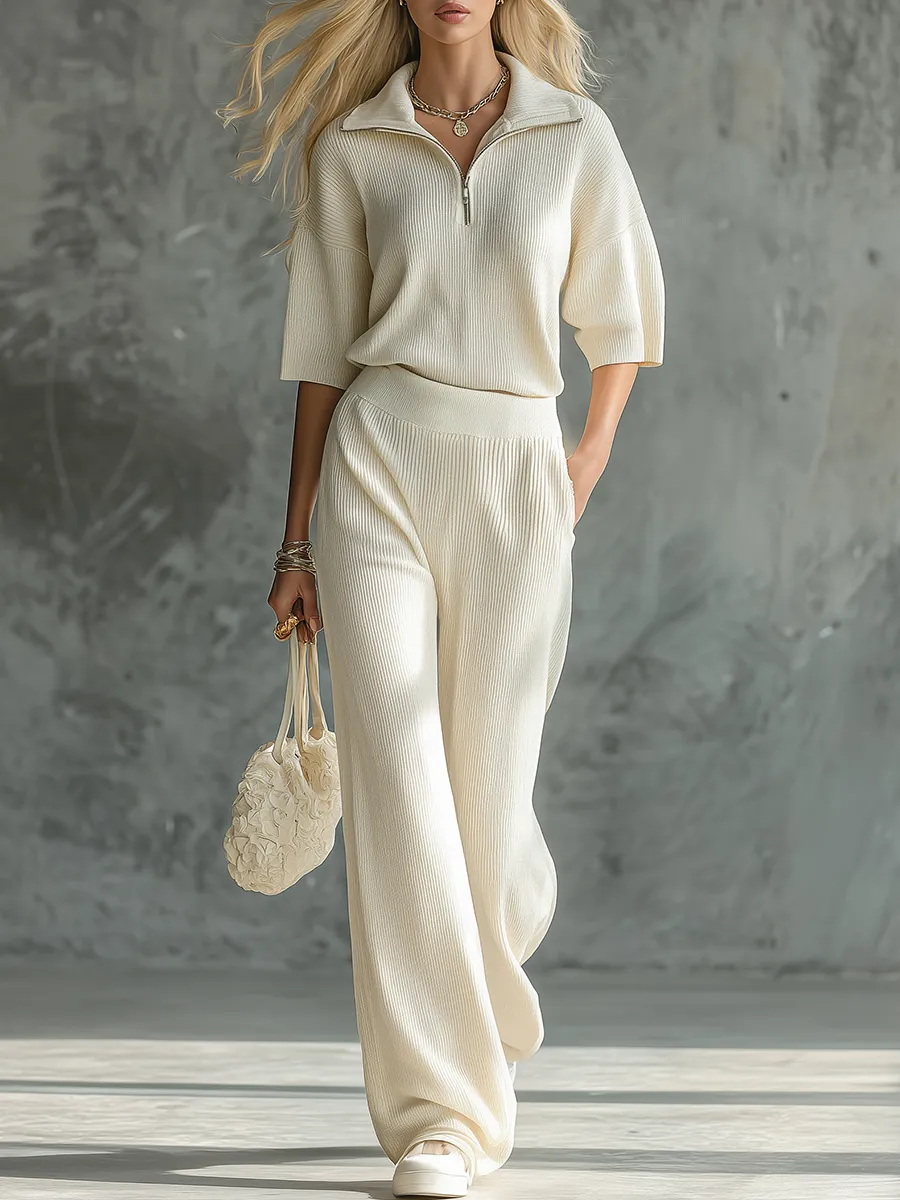 Lazy Style Retro Checkered Half-zip Knit Top And Wide-leg Knit Pants Set sold by Oyrosy