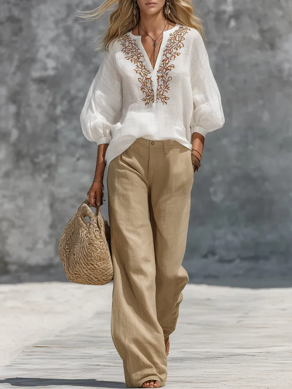 Retro And Relaxed Style Embroidered Top And Wide-leg Pants Set sold by Oyrosy