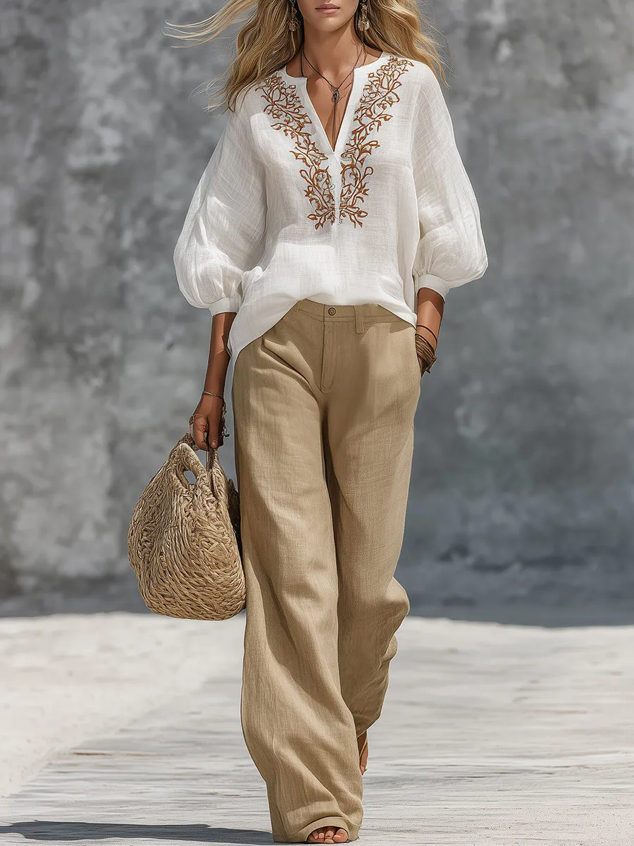 Retro And Relaxed Style Embroidered Top And Wide-leg Pants Set sold by Oyrosy