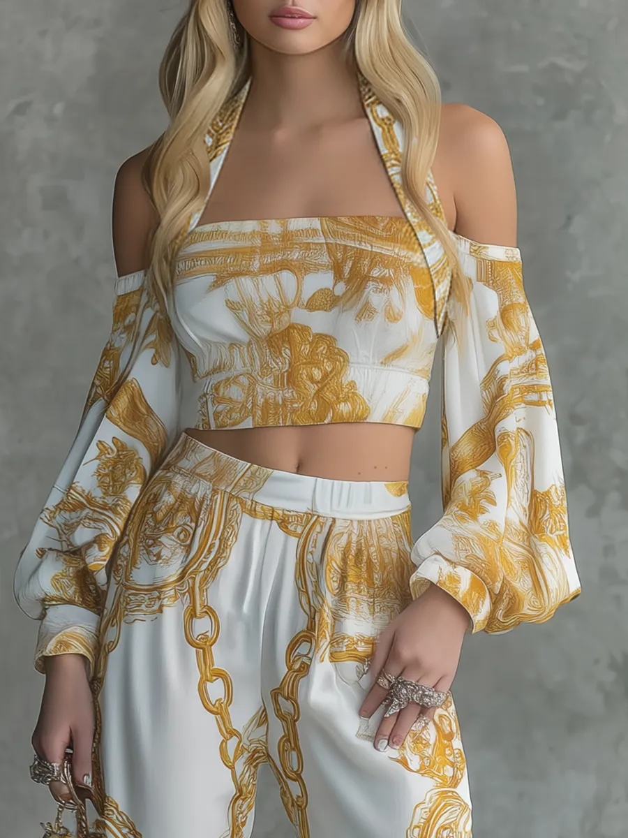 Retro And Elegant Chain Print Halter Neck Chiffon Top And Wide-leg Pants Set sold by Oyrosy product image thumbnail 3
