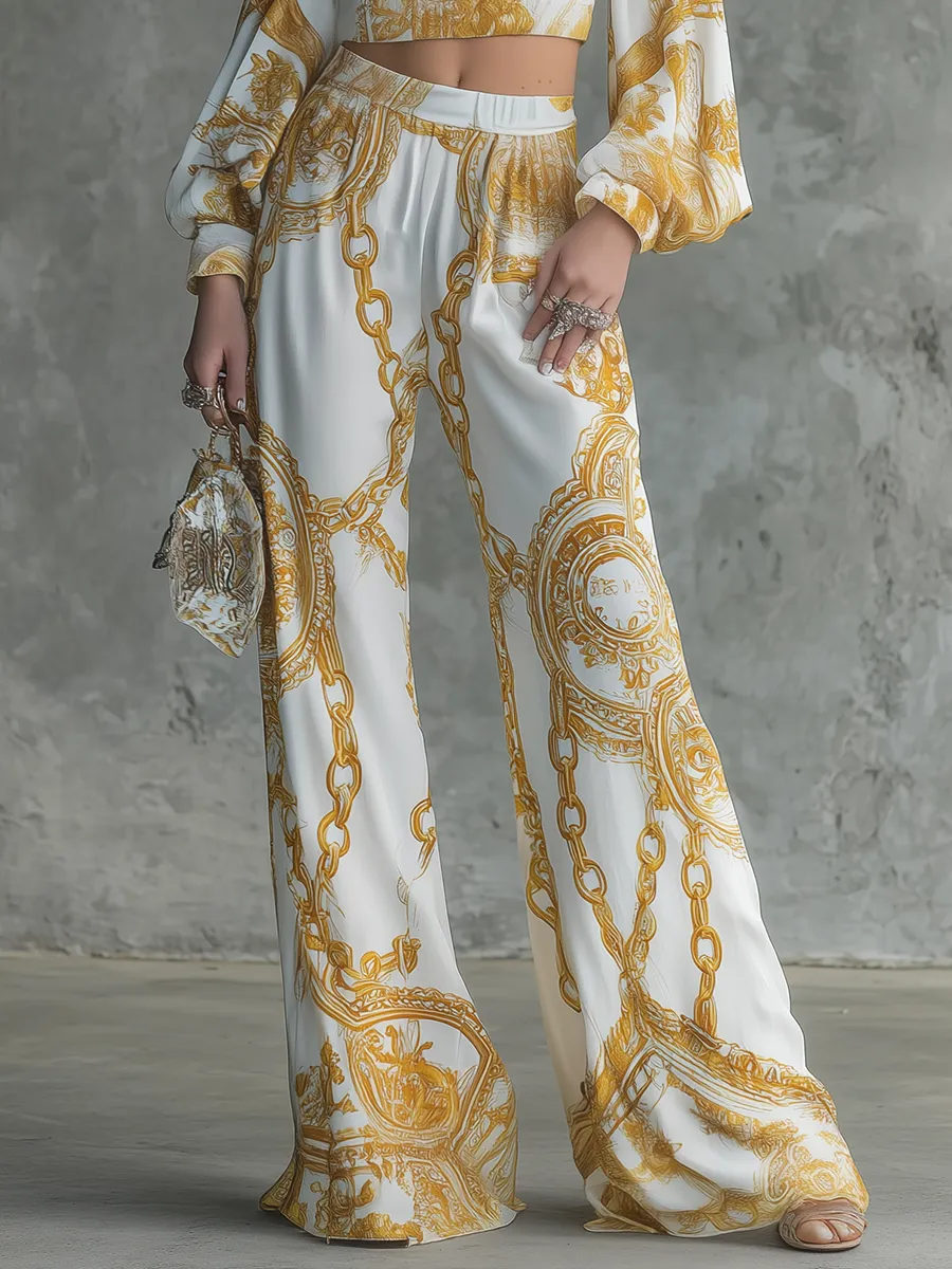 Retro And Elegant Chain Print Halter Neck Chiffon Top And Wide-leg Pants Set sold by Oyrosy product image thumbnail 4