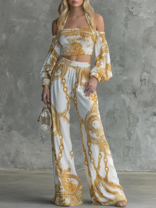 Retro And Elegant Chain Print Halter Neck Chiffon Top And Wide-leg Pants Set sold by Oyrosy