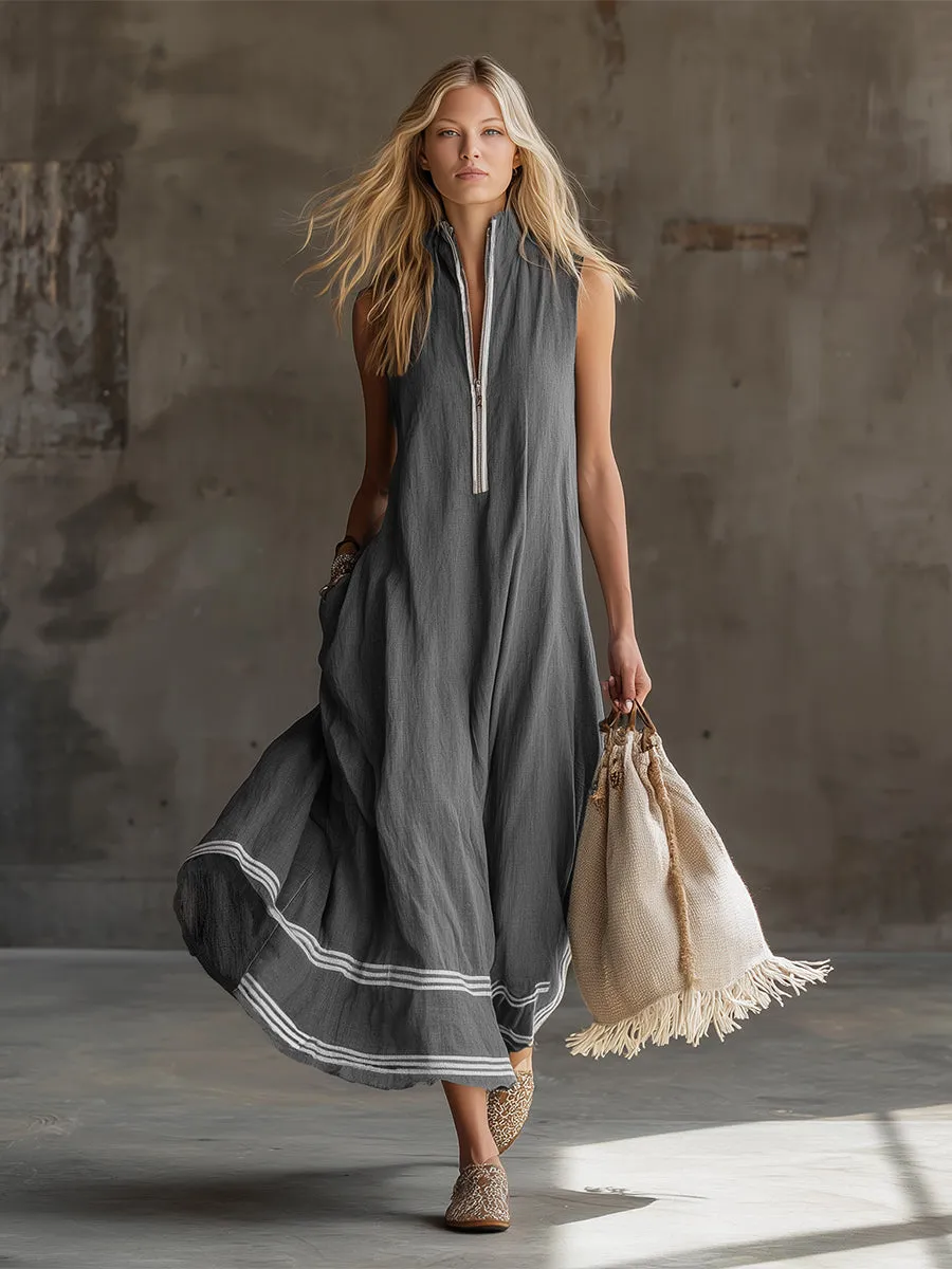 Elegant And Casual Striped Trim Gray Cotton And Linen Sleeveless Maxi Dress sold by Oyrosy product image thumbnail 2