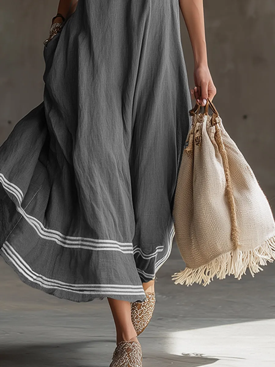 Elegant And Casual Striped Trim Gray Cotton And Linen Sleeveless Maxi Dress sold by Oyrosy product image thumbnail 4