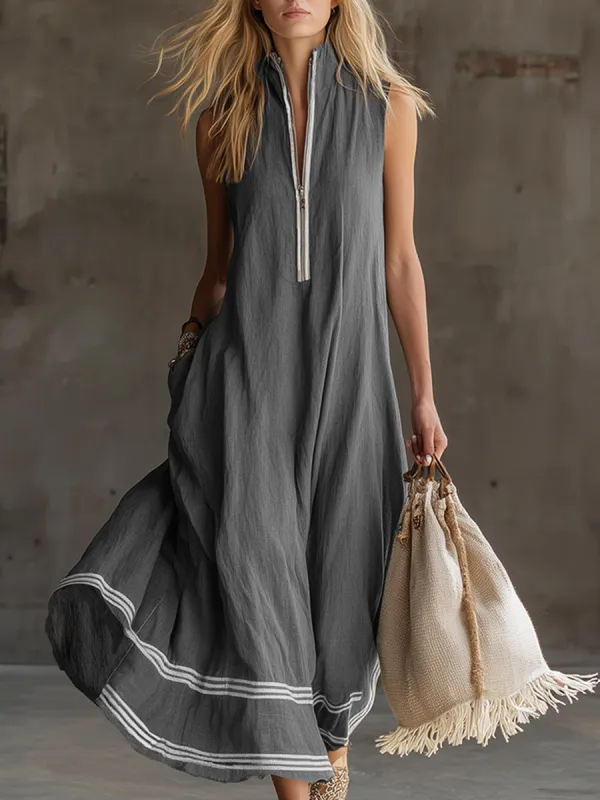 Elegant And Casual Striped Trim Gray Cotton And Linen Sleeveless Maxi Dress sold by Oyrosy