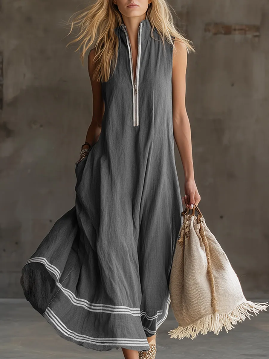 Elegant And Casual Striped Trim Gray Cotton And Linen Sleeveless Maxi Dress sold by Oyrosy