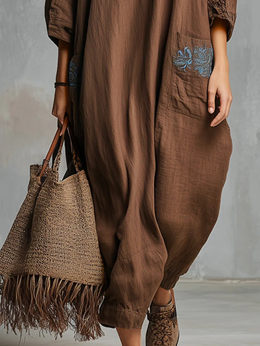 Classic And Simple Embroidered Brown Cotton And Linen Maxi Dress sold by Oyrosy product image thumbnail 4