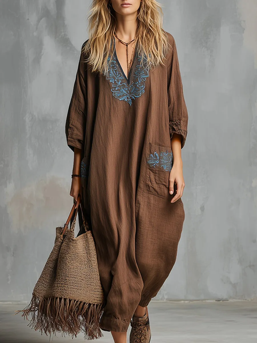 Classic And Simple Embroidered Brown Cotton And Linen Maxi Dress sold by Oyrosy