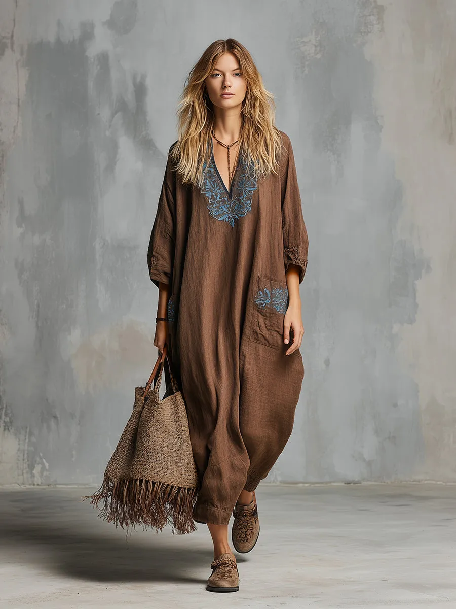 Classic And Simple Embroidered Brown Cotton And Linen Maxi Dress sold by Oyrosy product image thumbnail 2