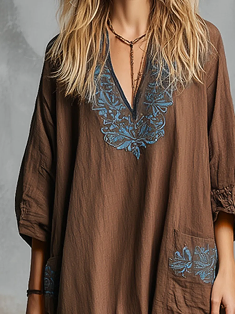Classic And Simple Embroidered Brown Cotton And Linen Maxi Dress sold by Oyrosy product image thumbnail 3