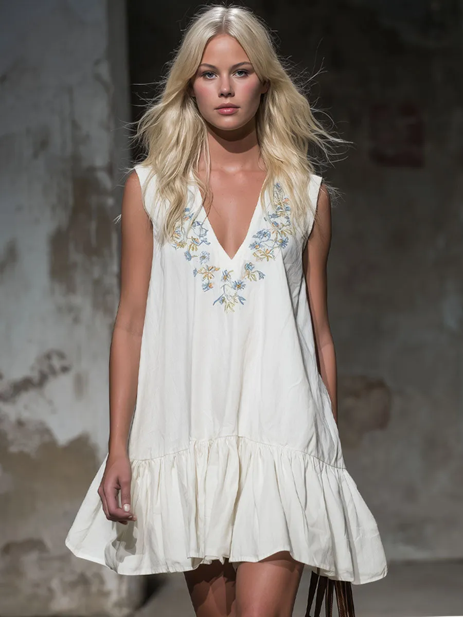V-neck Floral Embroidered Cotton Sleeveless Mini Dress sold by Oyrosy product image thumbnail 4