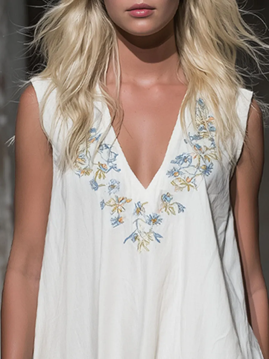 V-neck Floral Embroidered Cotton Sleeveless Mini Dress sold by Oyrosy product image thumbnail 2