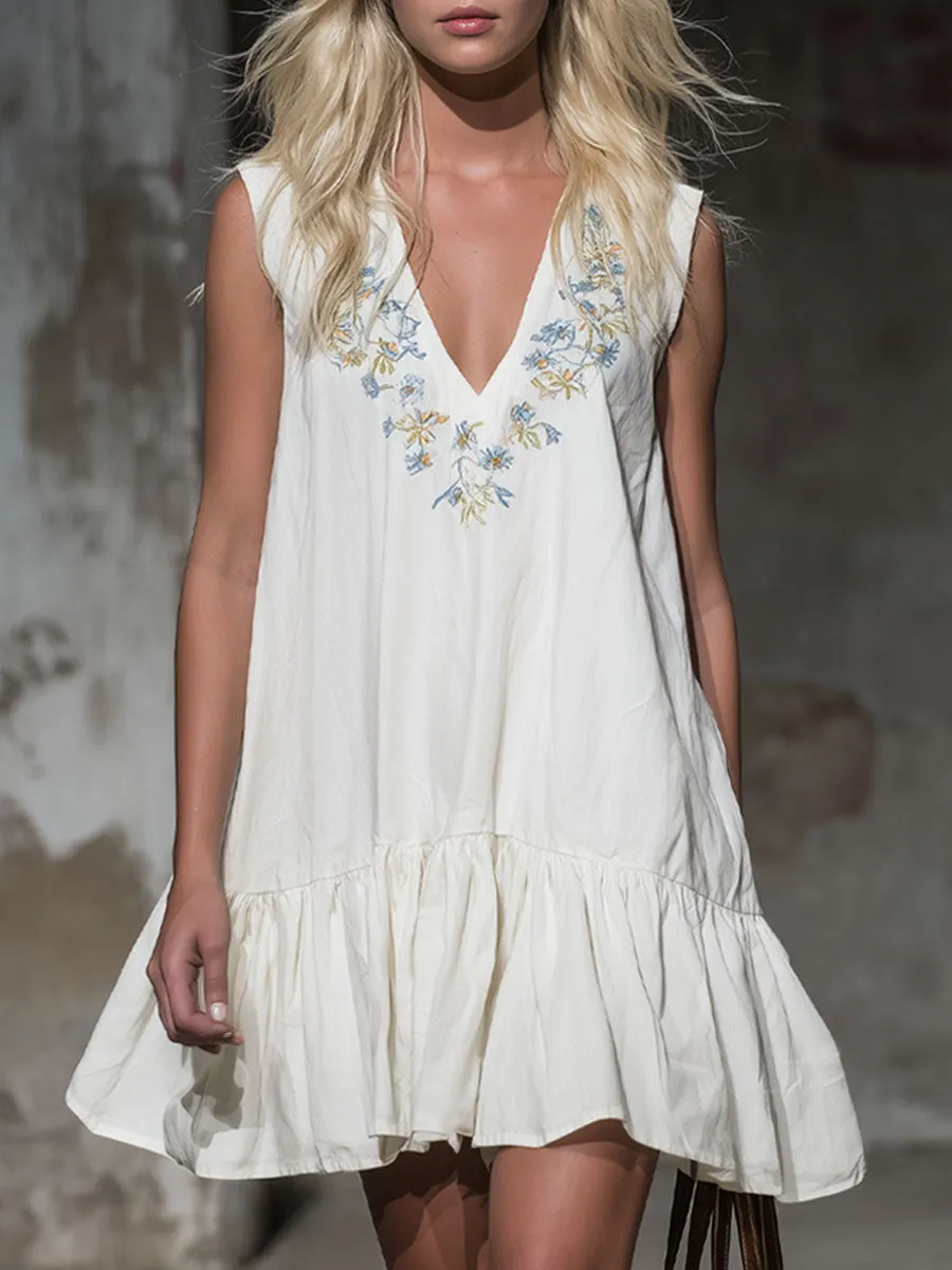 V-neck Floral Embroidered Cotton Sleeveless Mini Dress sold by Oyrosy