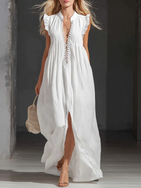 Stand-collar Ruffled Lace-trimmed Sleeveless Maxi Dress sold by Oyrosy