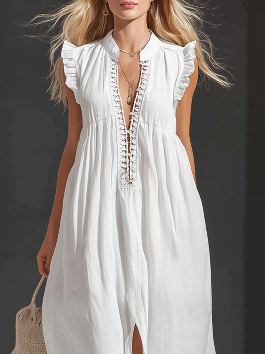 Stand-collar Ruffled Lace-trimmed Sleeveless Maxi Dress sold by Oyrosy product image thumbnail 2