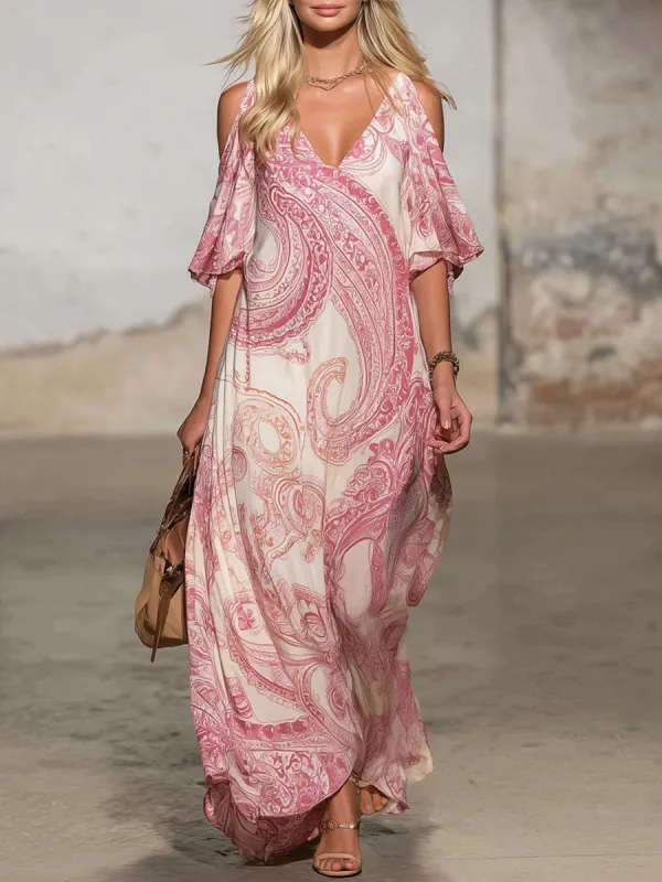 V-neck Paisley Print Cold Shoulder Chiffon Short-sleeved Maxi Dress sold by Oyrosy