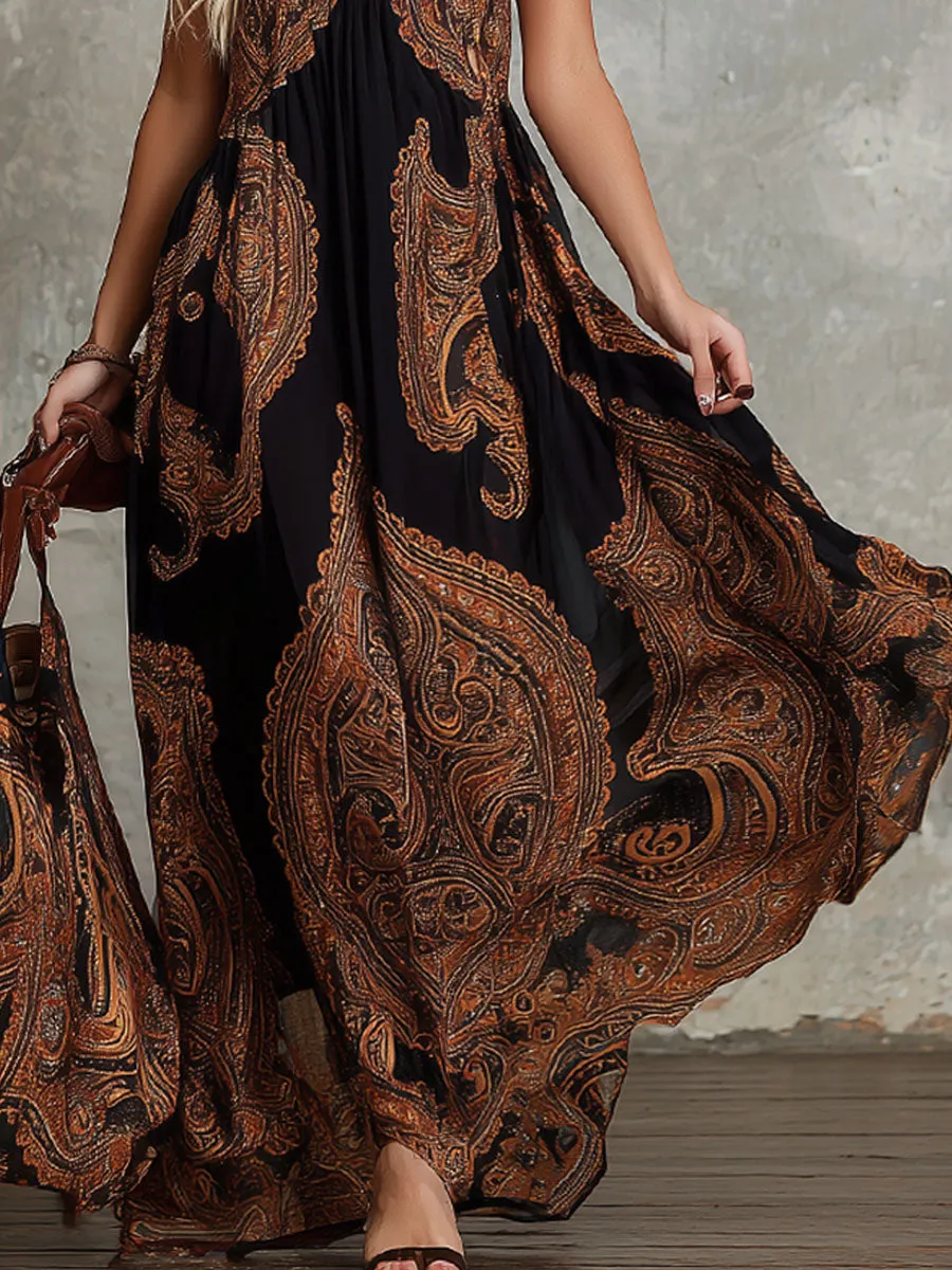 V-neck Paisley Print Chiffon Sleeveless Maxi Dress sold by Oyrosy product image thumbnail 3