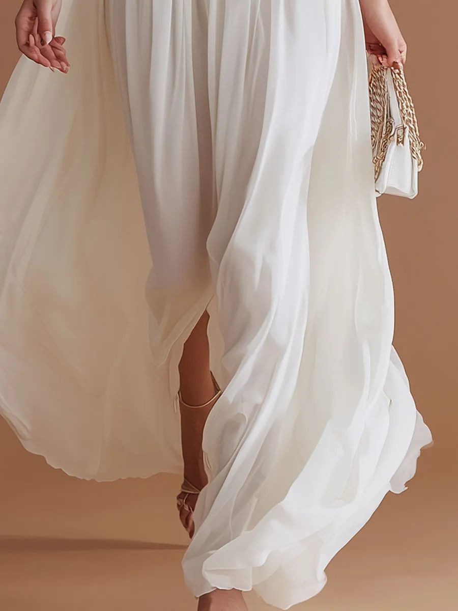 Elegant Vacation-style White Halter Neck V-neck Chiffon Maxi Dress sold by Oyrosy product image thumbnail 4