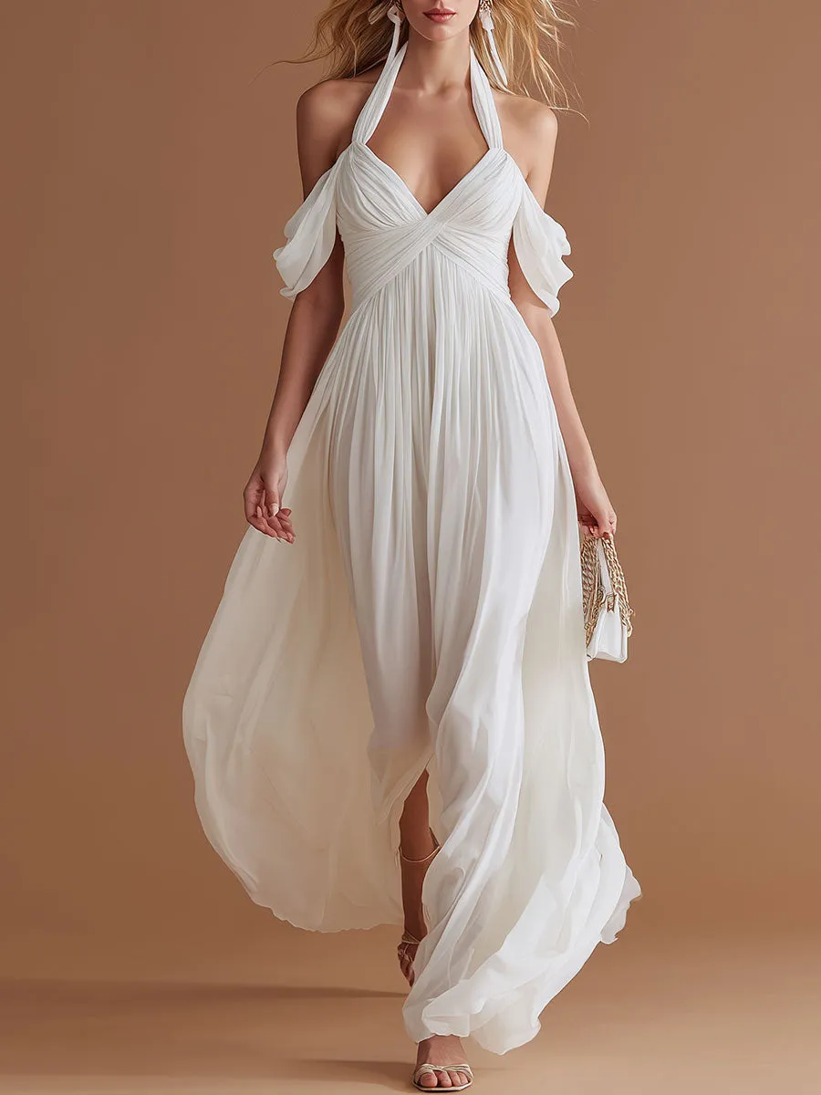 Elegant Vacation-style White Halter Neck V-neck Chiffon Maxi Dress sold by Oyrosy
