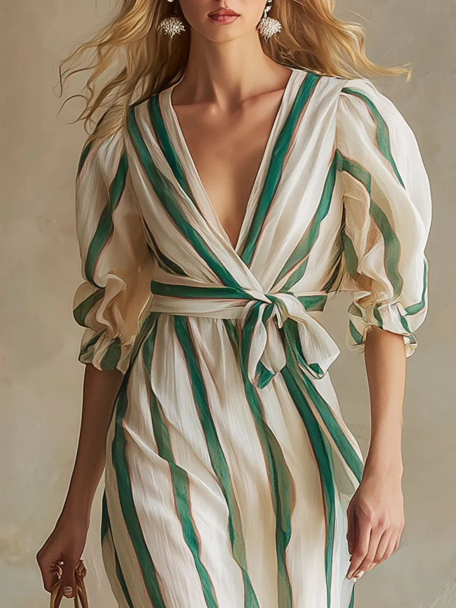 Stylish And Elegant Color-blocked Striped Chiffon Midi Dress sold by Oyrosy product image thumbnail 3