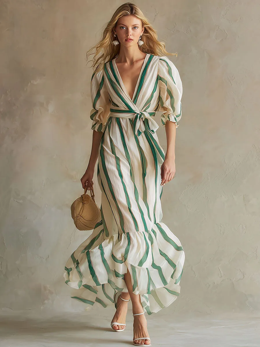 Stylish And Elegant Color-blocked Striped Chiffon Midi Dress sold by Oyrosy product image thumbnail 2