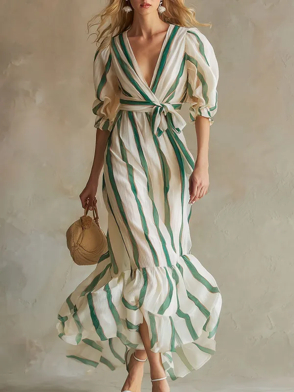 Stylish And Elegant Color-blocked Striped Chiffon Midi Dress made by Oyrosy