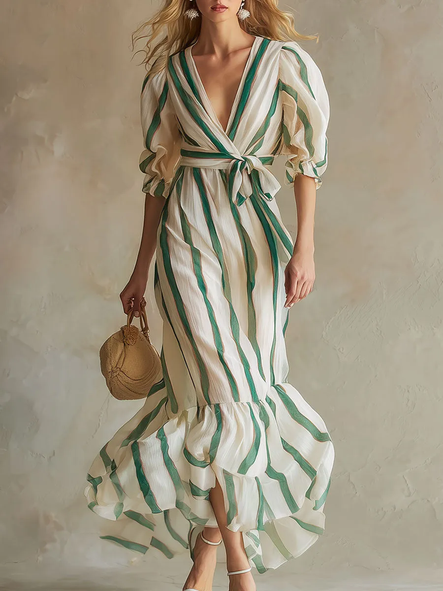 Stylish And Elegant Color-blocked Striped Chiffon Midi Dress sold by Oyrosy