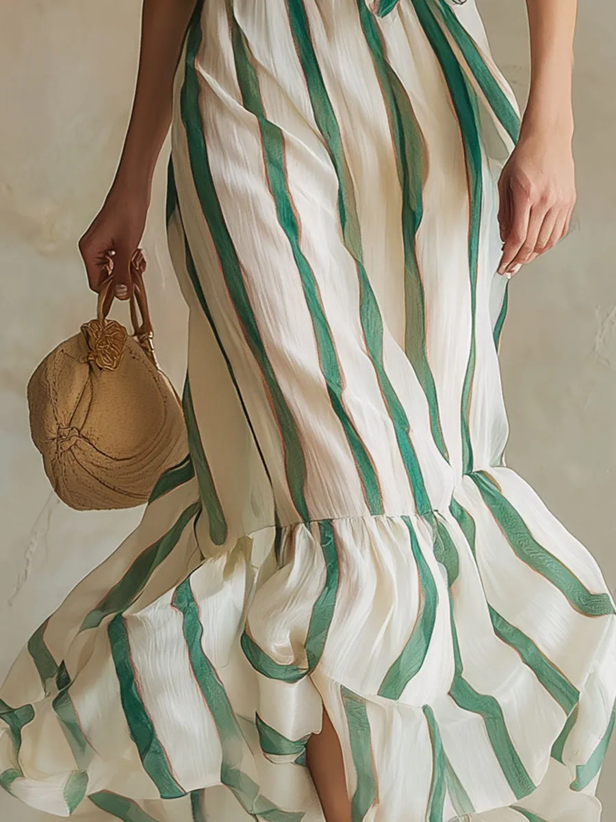 Stylish And Elegant Color-blocked Striped Chiffon Midi Dress sold by Oyrosy product image thumbnail 4