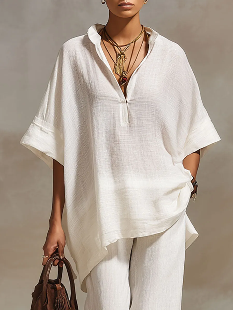 Casual Retro White Cotton And Linen Short-sleeved Top And Wide-leg Pants Set sold by Oyrosy product image thumbnail 3