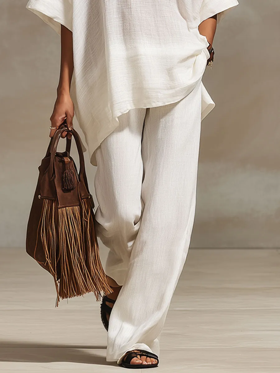 Casual Retro White Cotton And Linen Short-sleeved Top And Wide-leg Pants Set sold by Oyrosy product image thumbnail 4