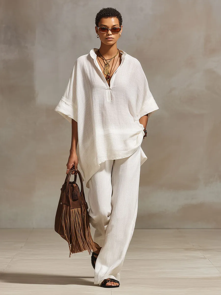 Casual Retro White Cotton And Linen Short-sleeved Top And Wide-leg Pants Set sold by Oyrosy product image thumbnail 2