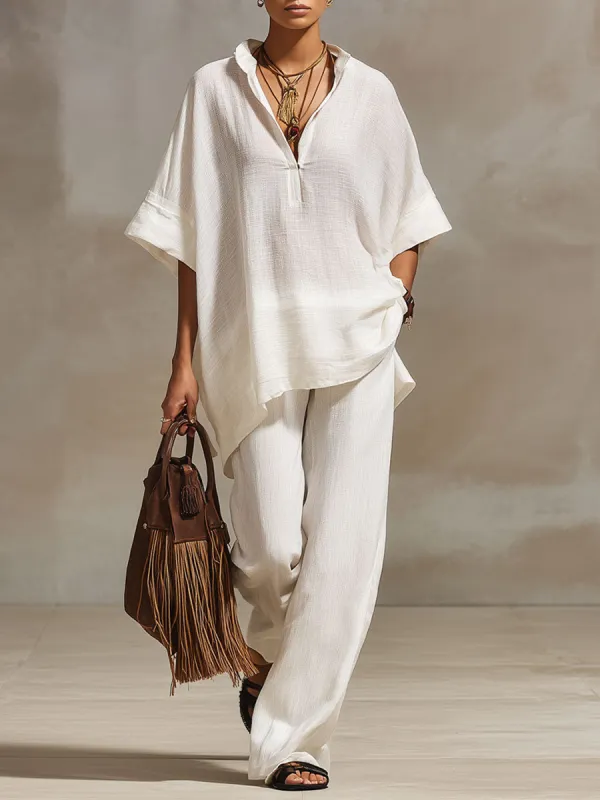 Casual Retro White Cotton And Linen Short-sleeved Top And Wide-leg Pants Set sold by Oyrosy
