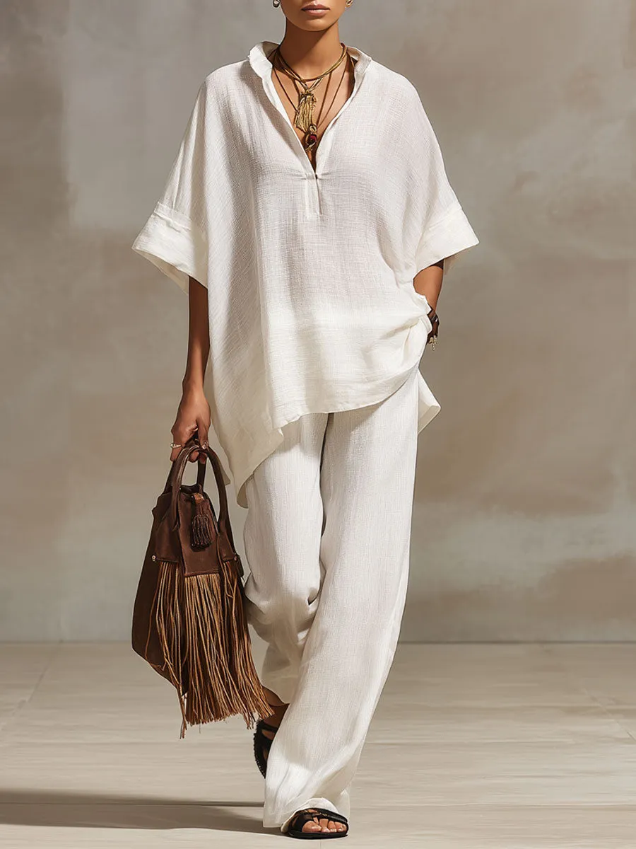Casual Retro White Cotton And Linen Short-sleeved Top And Wide-leg Pants Set sold by Oyrosy