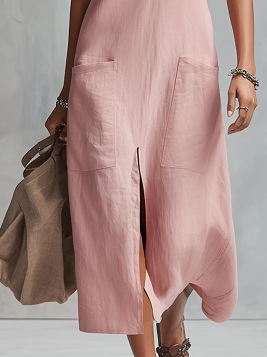 Classic Minimalist V-neck Pink Cotton And Linen Sleeveless Midi Dress sold by Oyrosy product image thumbnail 4