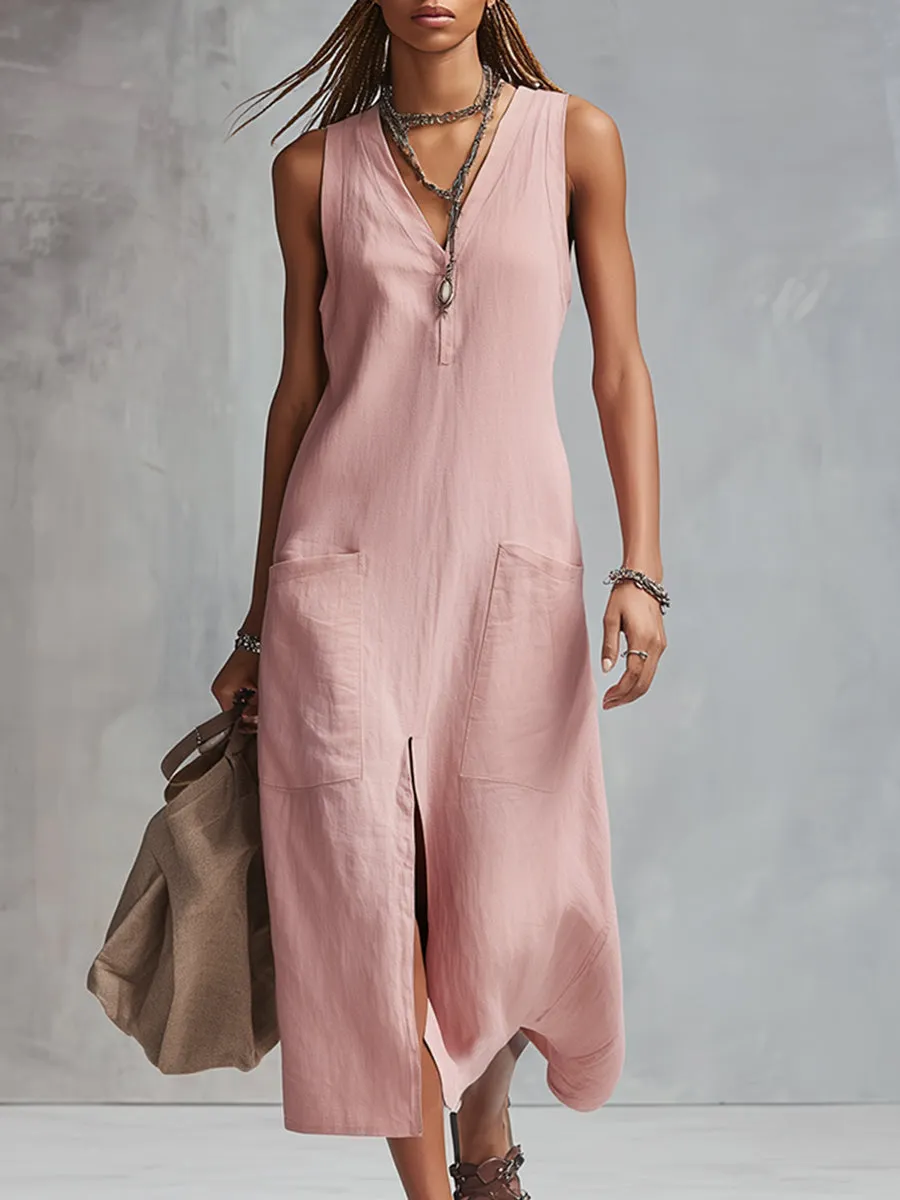 Classic Minimalist V-neck Pink Cotton And Linen Sleeveless Midi Dress sold by Oyrosy