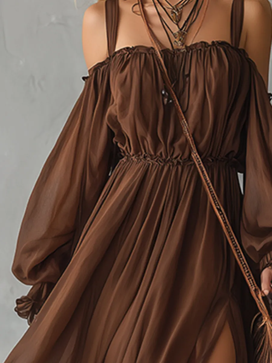 Classic And Elegant Brown Chiffon Off-the-shoulder Long-sleeved Maxi Dress sold by Oyrosy product image thumbnail 3
