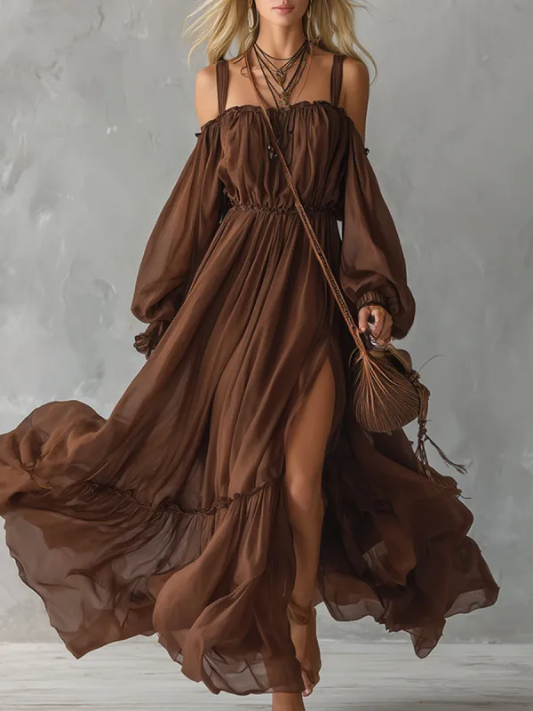 Classic And Elegant Brown Chiffon Off-the-shoulder Long-sleeved Maxi Dress sold by Oyrosy