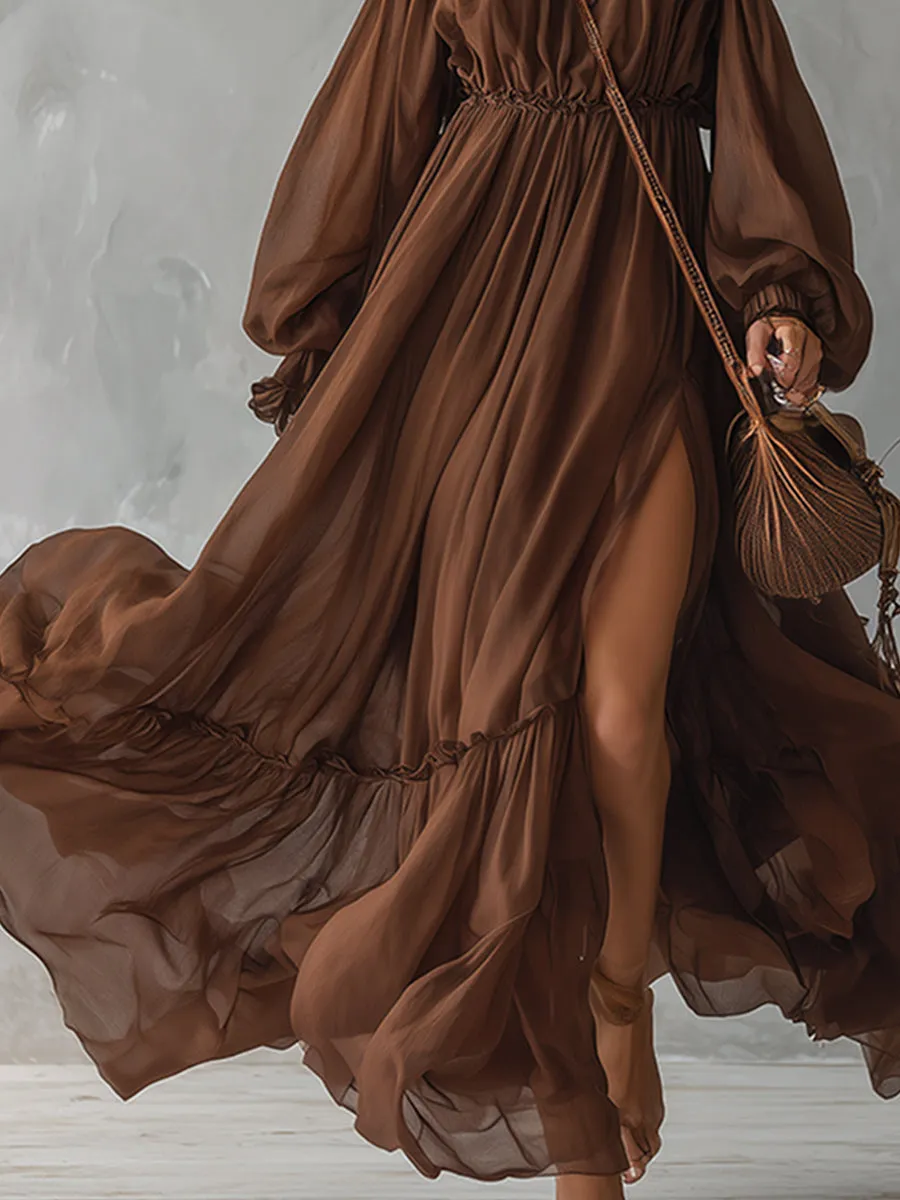 Classic And Elegant Brown Chiffon Off-the-shoulder Long-sleeved Maxi Dress sold by Oyrosy product image thumbnail 4