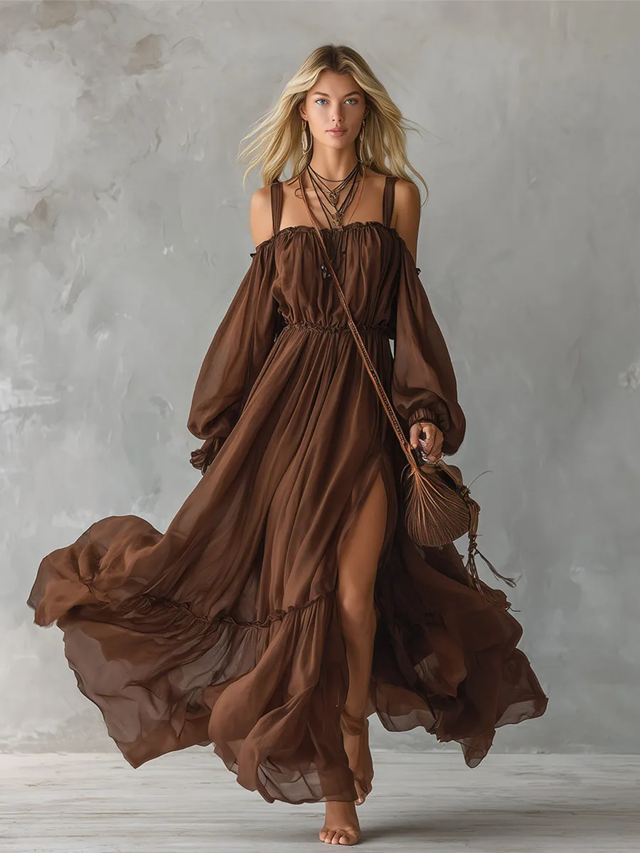 Classic And Elegant Brown Chiffon Off-the-shoulder Long-sleeved Maxi Dress sold by Oyrosy product image thumbnail 2