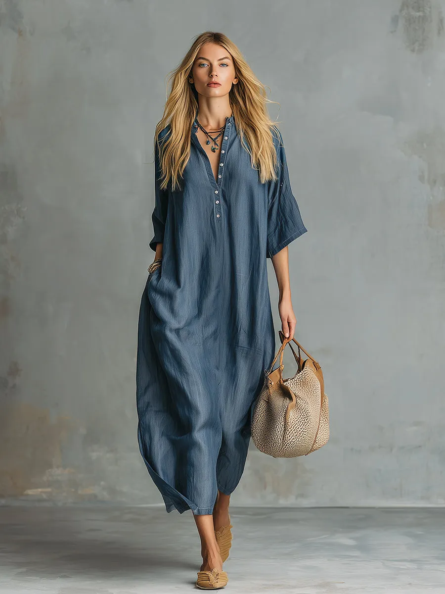 Retro Blue Tencel Denim Short-sleeved Maxi Dress sold by Oyrosy product image thumbnail 2