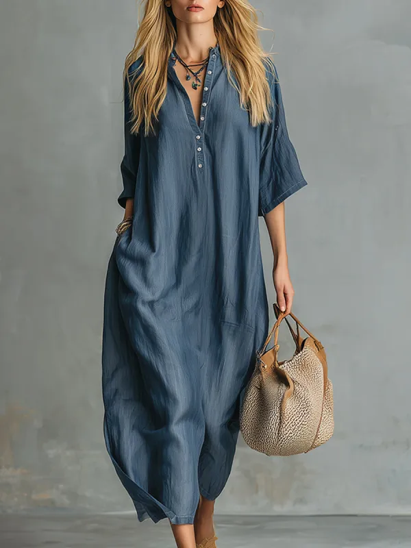 Retro Blue Tencel Denim Short-sleeved Maxi Dress made by Oyrosy