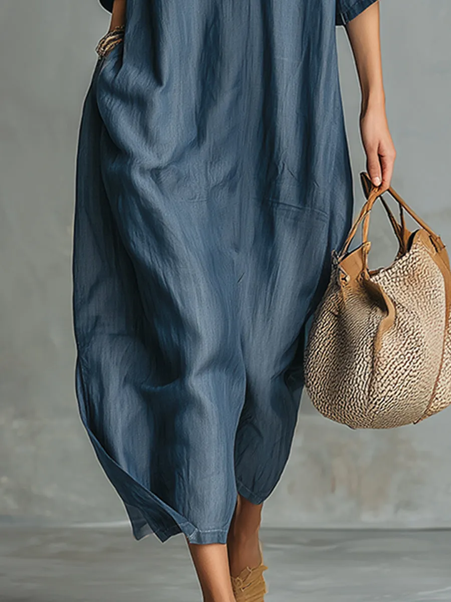 Retro Blue Tencel Denim Short-sleeved Maxi Dress sold by Oyrosy product image thumbnail 4
