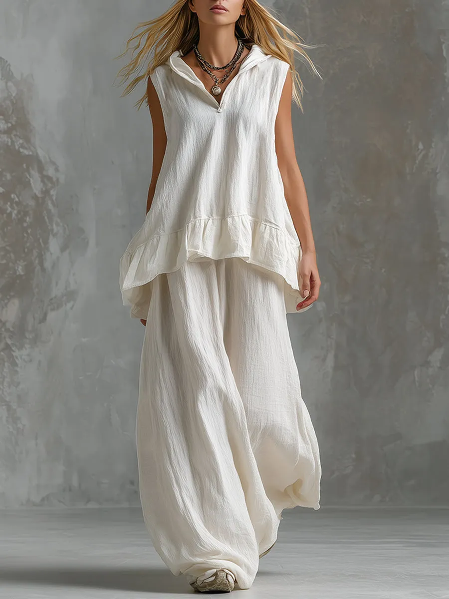 Elegant And Minimalist White Cotton And Linen Sleeveless Hooded Vest And Wide-leg Pants Set sold by Oyrosy